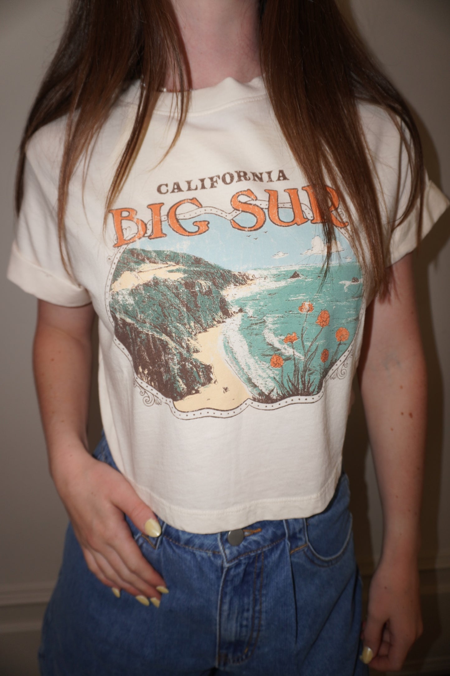 Person wearing a 'California Big Sur' t-shirt with a scenic design.
